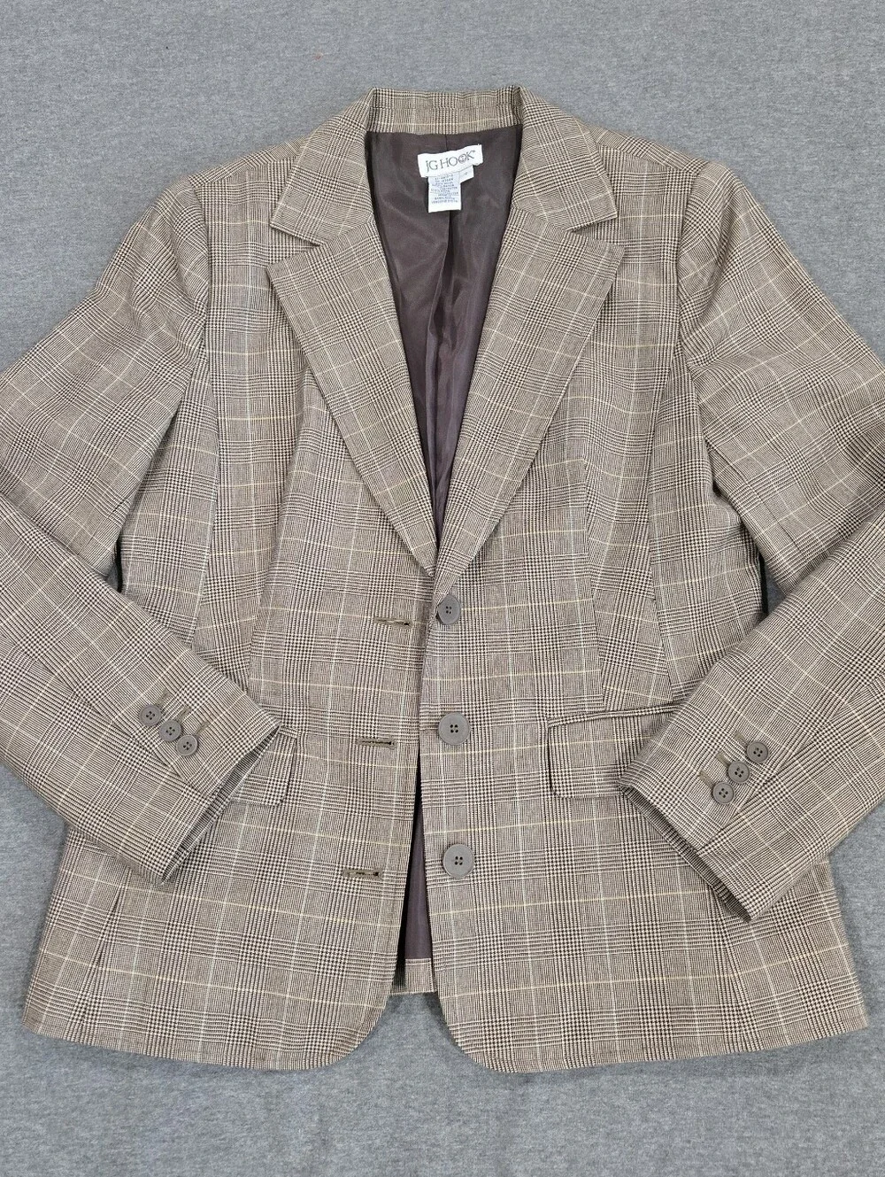JG Hook Womens Blazer Jacket Size 12 Brown Tan Plaid Wool Blend Career Academia